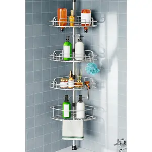 Shower  Tension Pole: 4-Tier Corner Rustproof Bathroom Organizer - No-Drill Adjustable Shower Shelf for Renters - Floor to Ceiling Family Apartment Storage Rack - -121 Inch  Gray