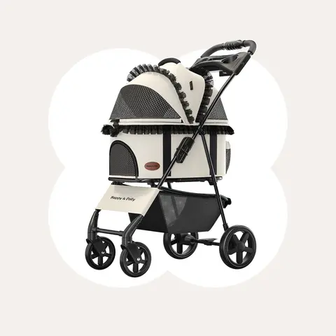 Happy & Polly 3-in-1 Foldable Puppy Stroller with Detachable Animal Carrier - 360° Swivel Front Wheels, Breathable Mesh Panels, Adjustable Sun Protection, Flat Canopy, 12kg Capacity, Oxford Fabric, Compact, Built-in Car Safety Straps for Easy Travel