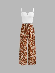 Women's Solid Color Crop Tank Top & Wide Leg Pants Two-Piece Set, Casual Fashion Cozy Top & Trousers for Daily Outdoor Wear, Ladies Clothes for All Seasons