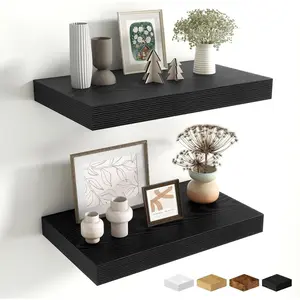Black Floating Shelves for Wall - 10 x 16 Floating Shelf - Rustic Wood Storage Shelf - Wall Shelves with Invisible Bracket - 16" Bookshelves for Living Room & Bedroom - Black - Set of 2