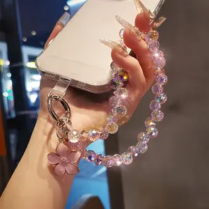 Handmade Flower Crystal Water Drop Hanging Chain Phone Chain Handmade Bead Phone Hanging Rope Short Wrist Chain Cell Phone Charm