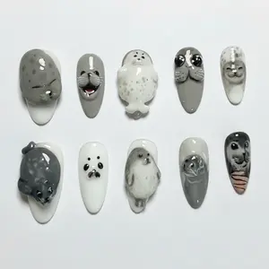 Handmade Kawaii Seal Press On Nails | 3D Sea Pup, Gray & White Marine Art | Cute Oval Nails For Ocean Lover Aesthetic