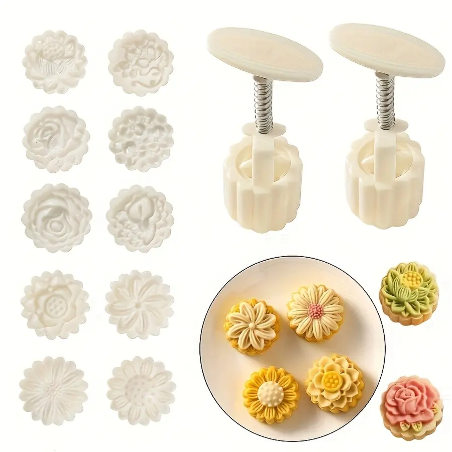 Flower-Shaped Mooncake Mold Set - Kitchen Bakeware Baking Tools, Includes 10 Flower Stamps, 2 Presses, Ideal for Daisy Mooncake Making, Mid-Autumn Festival Use