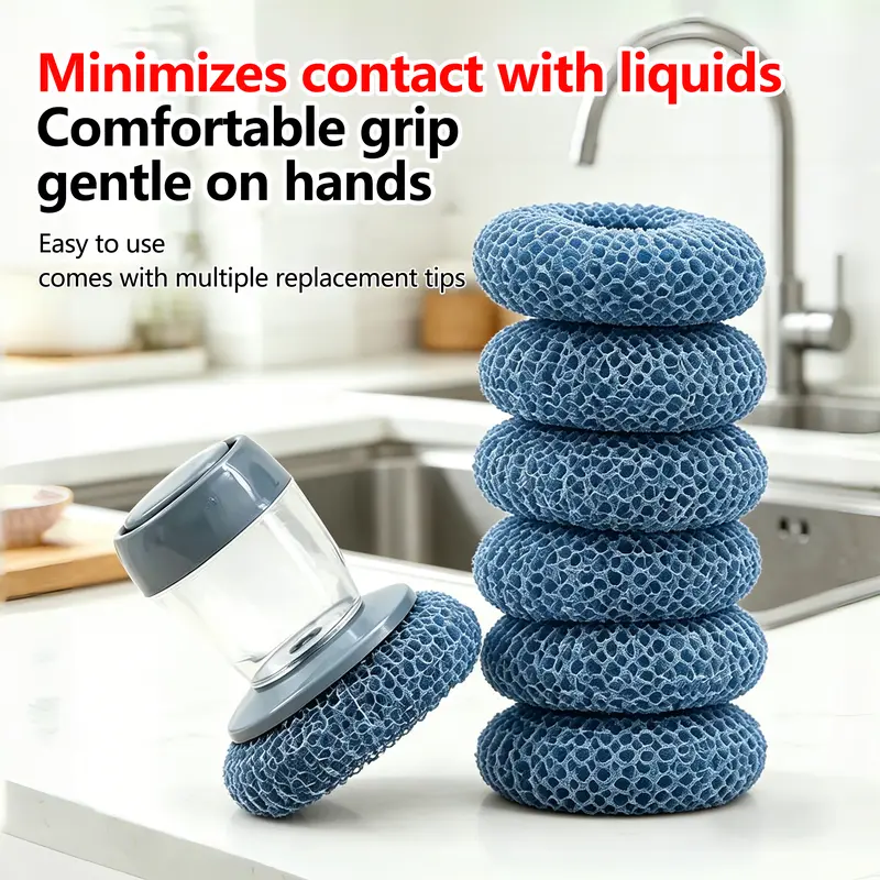 1pc Automatic Liquid-Adding Plastic Pot Scrubber Brush - Wide Mouth, Single Press, Comfortable Handle, Deep Grease Cleaning, Removable Head, Easy Clean, Gentle-on-Hands Manicure-Friendly Tool for Dishes, Frying Pans, Plates, Sponges