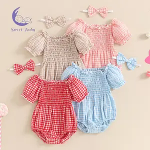 Baby Girl Clothes, Summer Casual Short-Sleeve Off-Shoulder Plaid Romper with Headband