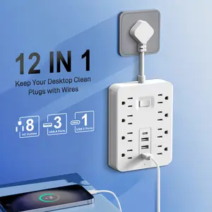 12-in-1 Power Strip Surge Protector with 8AC Outlets, 3USB & 1Type-C Ports | Multi Plug Outlet Expander, USB Wall Plug, Compact Desk Multi-plug Outlet | Flat Plug Design,  for Home, Office And Kitchen