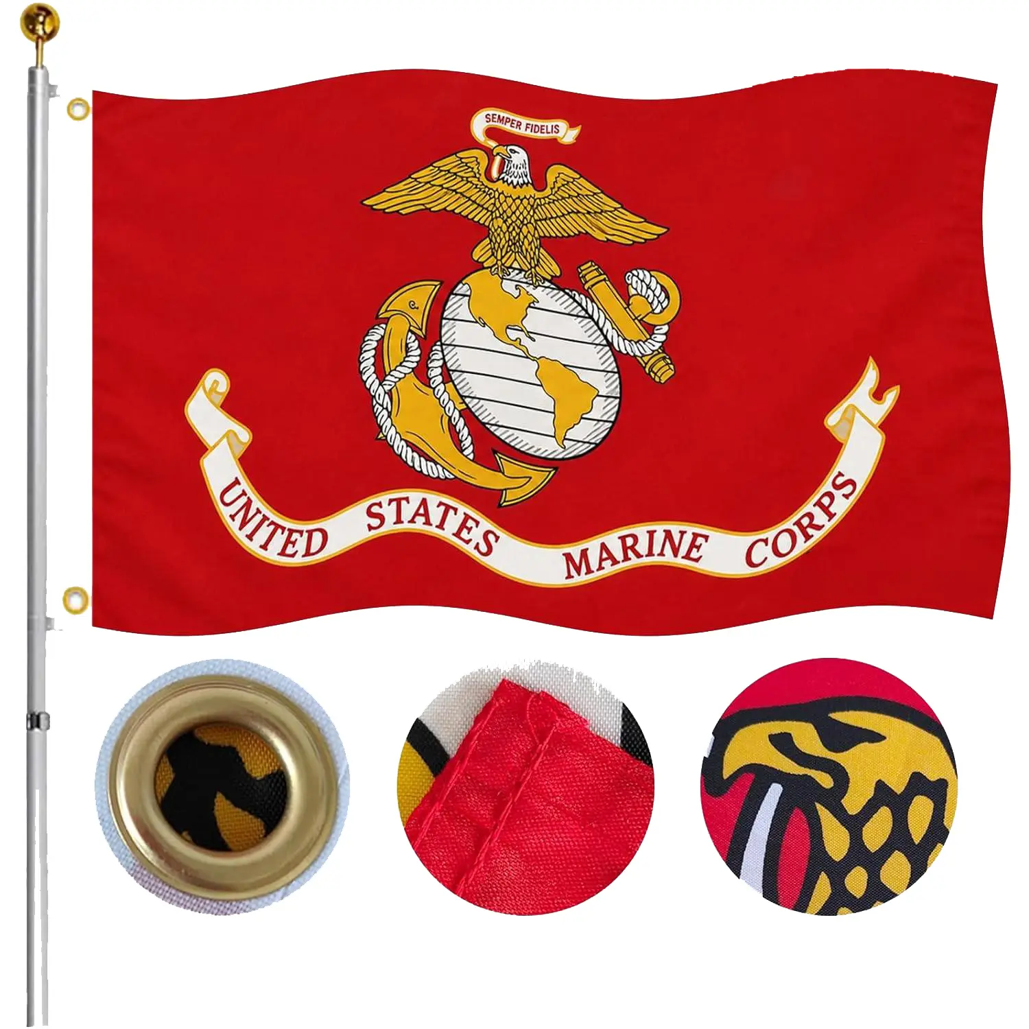 US Marine Corps Flag - Outdoor USMC Military Banner, Double-Stitched Canvas Header, Brass Grommets, Patriotic Veteran Home & Festive Decoration