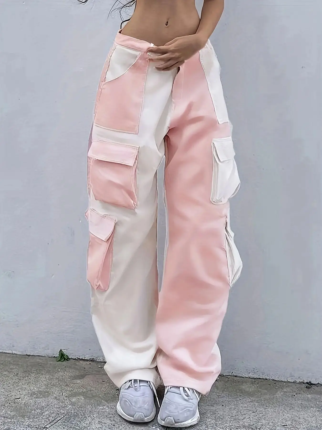Women's Colorblock Patchwork Flap Pocket Cargo Pants, Casual Drop Waist Trousers for Summer, Womenswear Bottoms for Daily Wear, Casual Street Trousers