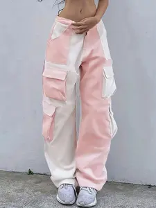 Women's Colorblock Patchwork Flap Pocket Cargo Pants, Casual Drop Waist Trousers for Summer, Womenswear Bottoms for Daily Wear, Casual Street Trousers