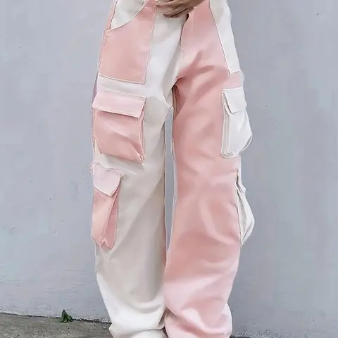 Women's Colorblock Patchwork Flap Pocket Cargo Pants, Casual Drop Waist Trousers for Summer, Womenswear Bottoms for Daily Wear, Casual Street Trousers