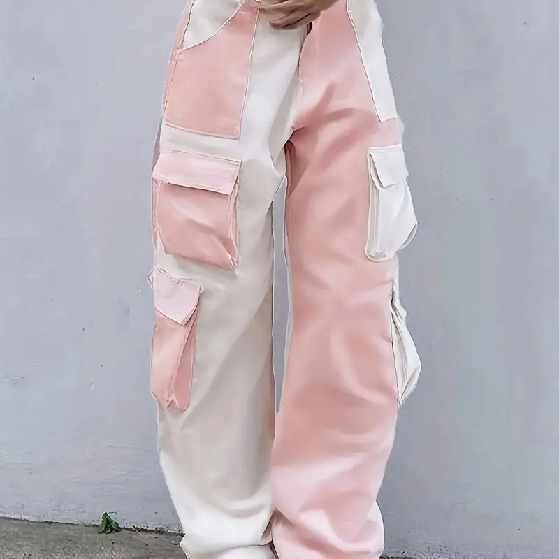 Women's Colorblock Patchwork Flap Pocket Cargo Pants, Casual Drop Waist Trousers for Summer, Womenswear Bottoms for Daily Wear, Casual Street Trousers