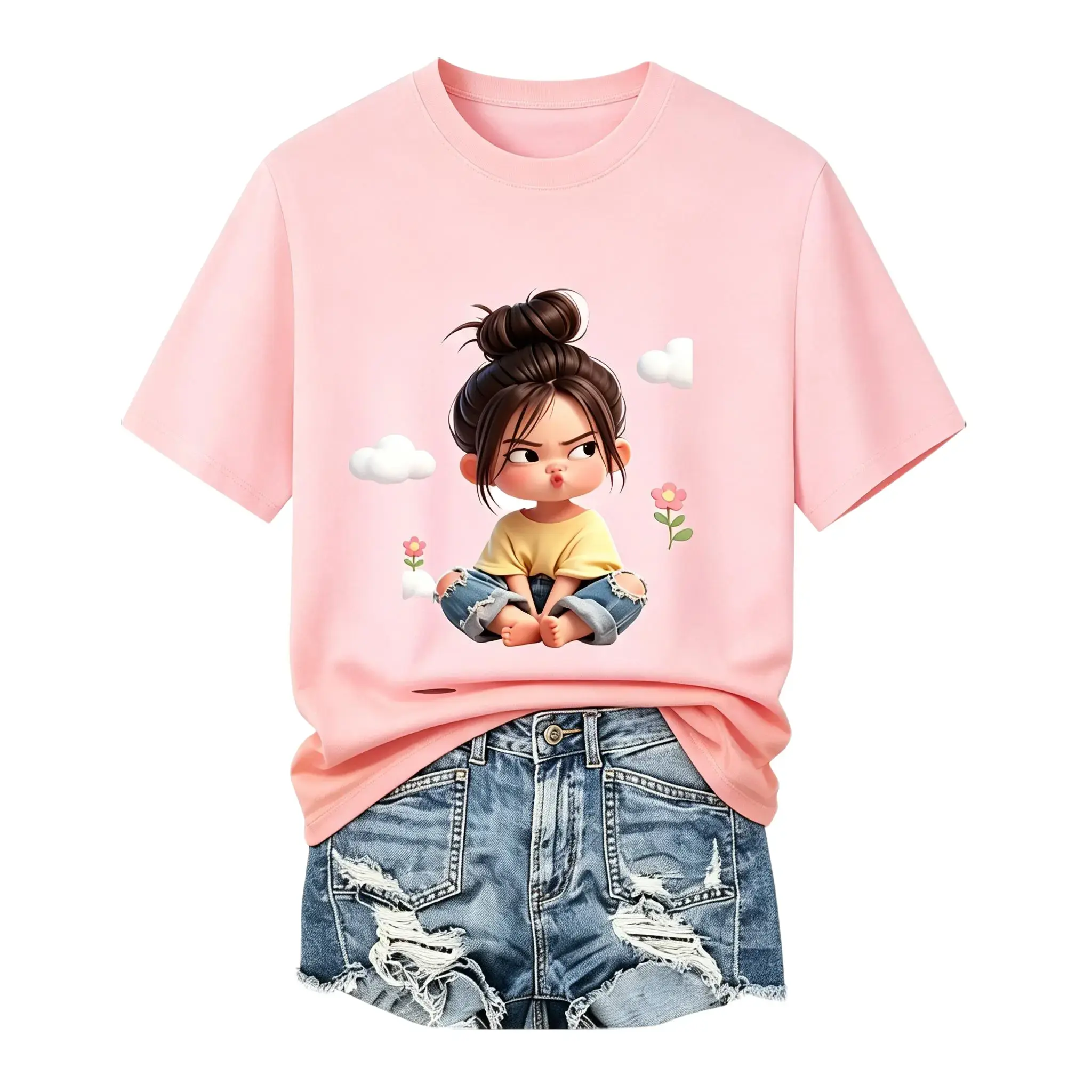 Women's Sassy Cartoon Girl & Fluffy Clouds Graphic T-Shirt - Cute Pink Aesthetic, Premium Cotton, Short-Sleeve Crewneck, Casual Tshirt Top Garment, Seamless, Spring Vibes, summerwins LK00001TD