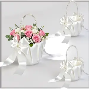 Elegant Wedding Flower Girl Baskets 3 Pack Pearl Handheld Basket with Satin Bow for Ceremony
