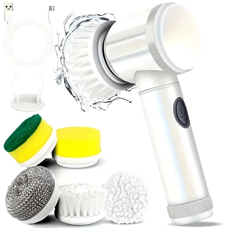 1 Set 5-in-1 Electric Rotating Floor Washer with 5 Replaceable Brush Heads, Cordless, Handheld, Rechargeable, Powerful Home Cleaning Tool, Rechargeable Spin Scrubber