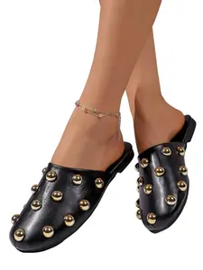 Women's Fashion Casual Solid Color Rivet Toe Mule Half Sandals, Round Toe Slip-On Comfortable Breathable Shoes, All Seasons, Slip On Mules