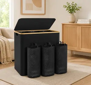 Laundry Hamper with Lid, 160L Dirty Clothes Hamper for Laundry Basket 3 Section, Extra Large Laundry Sorter Hamper 3 Compartment with Removable Inner Bags & Labels, Beige, Black, Dark Grey