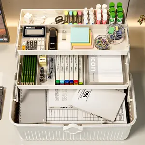 Medicine and stationery storage box, handle-equipped organizer, lockable three-layer multi-functional art supplies storage box and plastic storage container