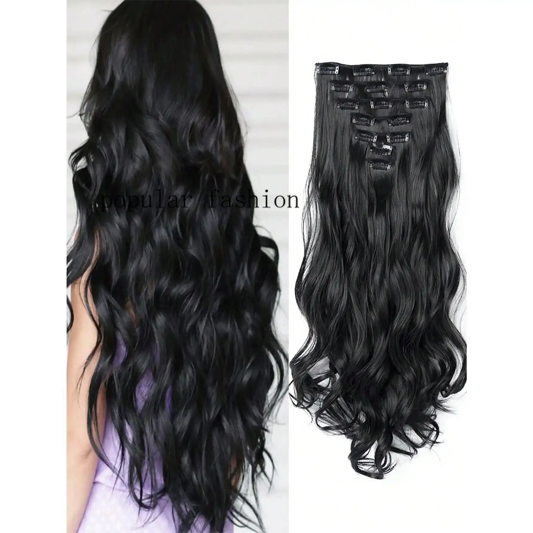 popular18-30 Ihes 16 Clip Black Natural Daily Long Curly Hair Extensions Seven-Piece Set For WomenFashion