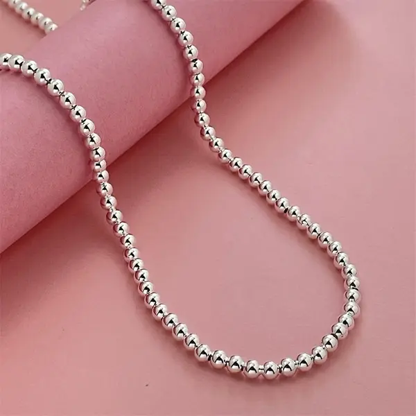 Unisex Stainless Steel Sphere Beads Long Length Ball Chain Necklace, Silver Everyday Wear Costume Jewelry Accessory Without Pendant