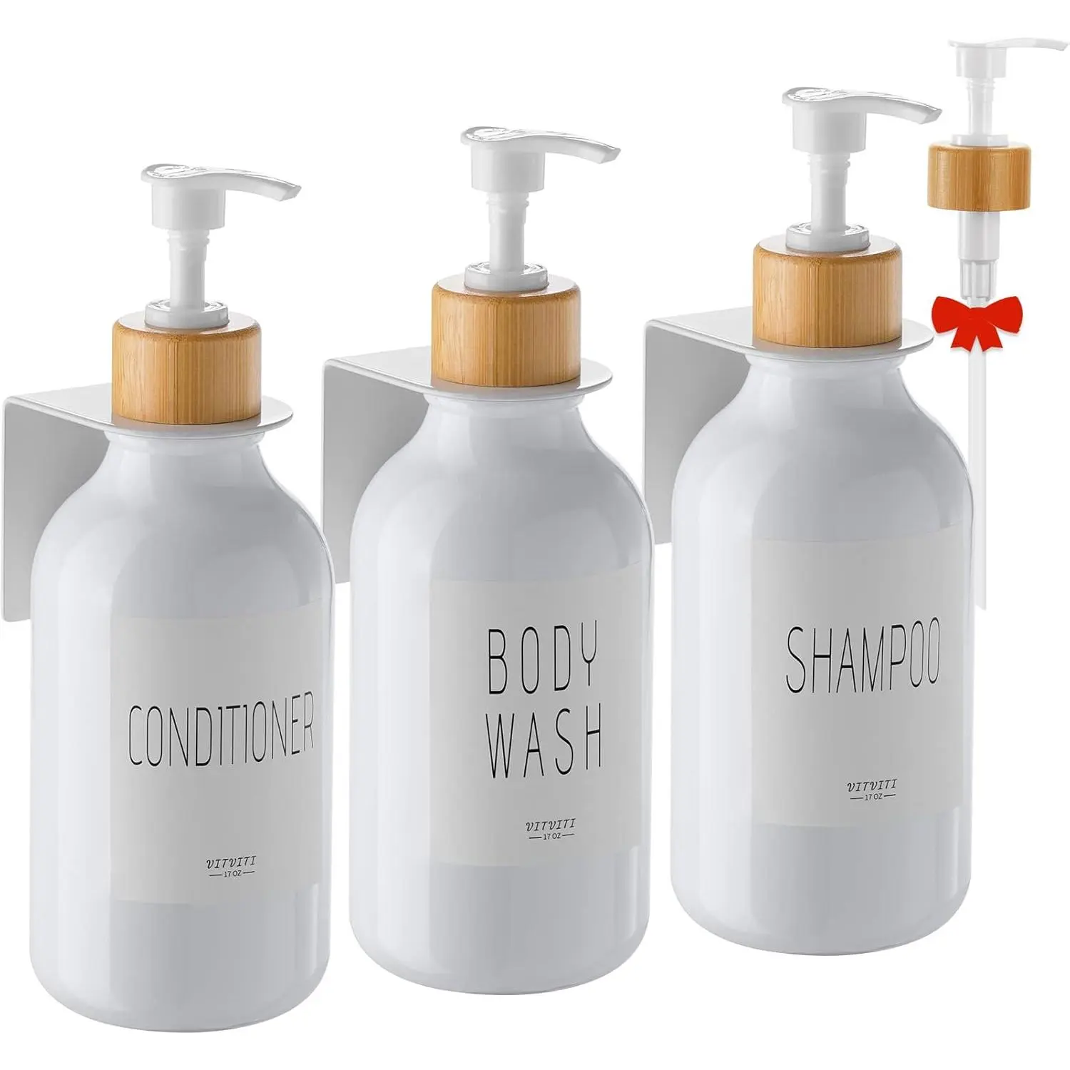 Shampoo and Conditioner Dispenser, Body Wash Shower Soap Dispenser Wall Mounted 3 Chamber, Drill Free 17oz Plastic Shower Bottles for Bathroom, White 3 Sets
