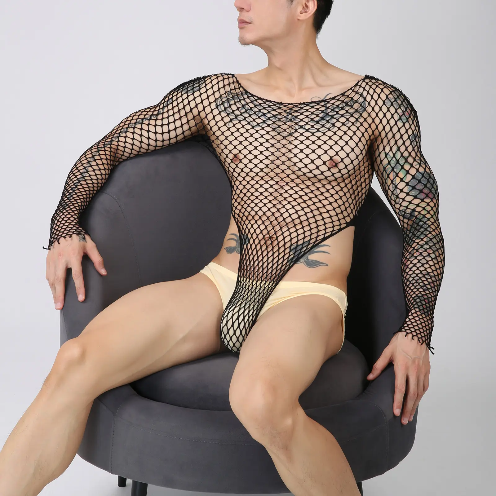 girl in sexy clothes Men's Sexy Fishnet Jumpsuit Round Neck Long Sleeve Hollow Out Temptation  Wild Sexy Lingerie Autumn Clothing