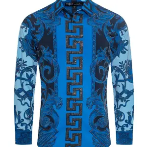V.I.P. COLLECTION MEN'S RHINESTONE BUTTON-UP LONG SLEEVES SHIRT (BLUE/BLACK VWSL-4)