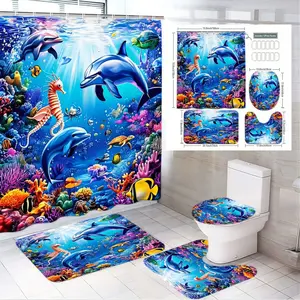 4pcs Vibrant Coral Reef Bathroom Decor Set – Ocean-Themed Shower Curtain with Dolphins, Seahorses & Turtles, Complete with Matching Toilet Seat Cover & Bath Mats for a Festive Underwater Experience in Your Space