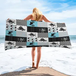 American Streetwear Beach Towel Camping Towel, Blue Colorblock Design Pool Towel, Print Motocross & Inspirational Quotes, Lightweight, Quick-Dry, Reusable