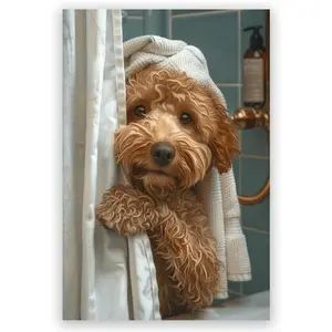Cute Curly  Dog With Towel Canvas Wall Art, Funny Bathroom Puppy Print, Modern Pet Animal Home Decor Unframed Canvas Poster or Framed Canvas Wrap