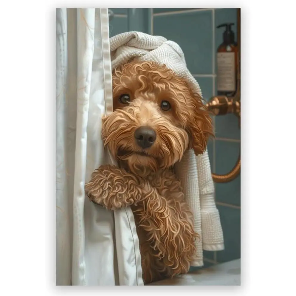 Cute Curly  Dog With Towel Canvas Wall Art, Funny Bathroom Puppy Print, Modern Pet Animal Home Decor Unframed Canvas Poster or Framed Canvas Wrap