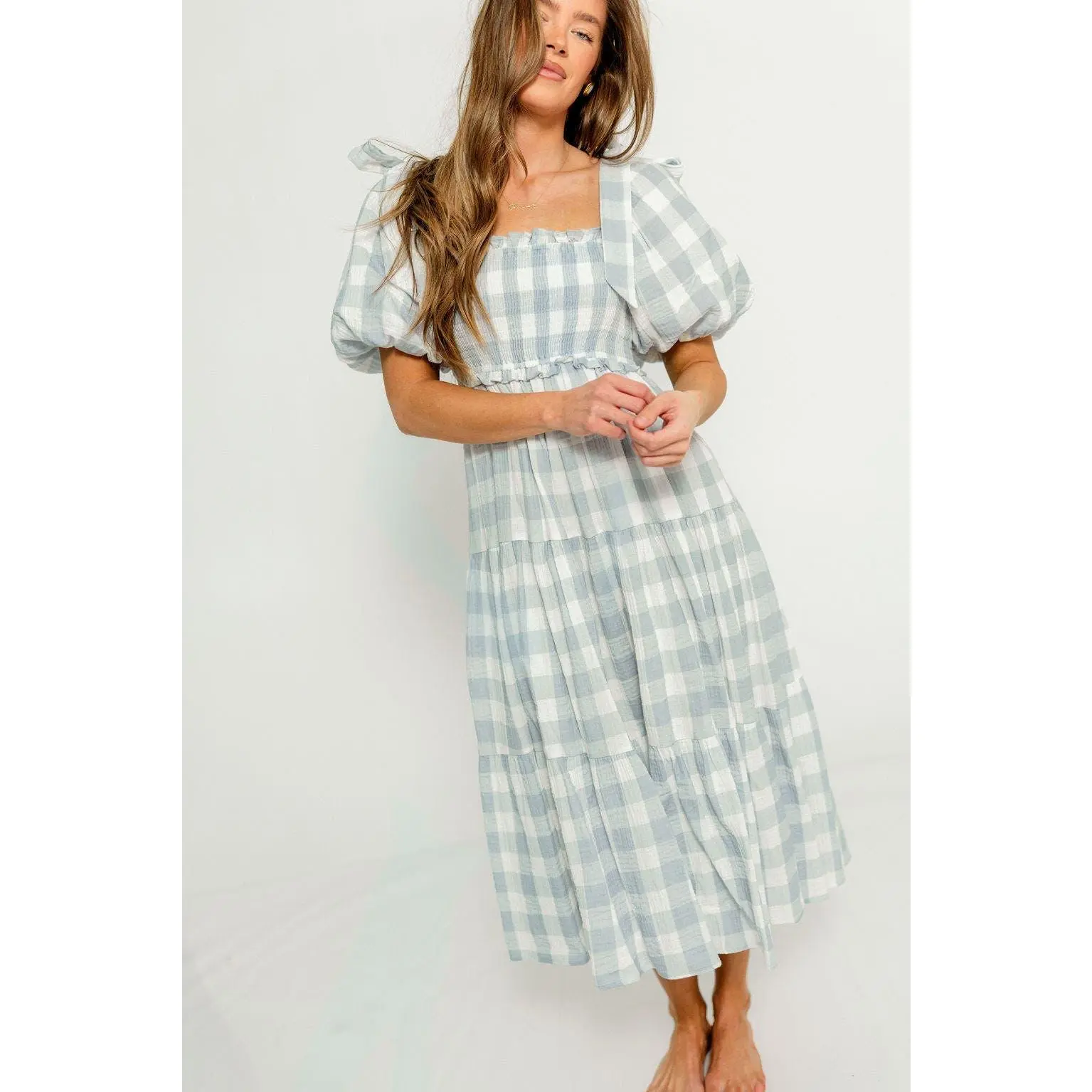 Elena 100% Cotton Gingham Midi Dress in Dusty Blue - Bump Friendly & Inclusive Sizing