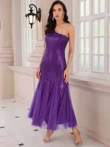 INSPIRE CHIC Women's Sequin Cocktail Dress Maxi One Shoulder Mermaid Prom Evening Wedding Dresses Dark Purple