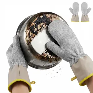 2PCS Silver Wire Dishwashing Gloves, Non-Scratch Nylon Scrub Mittens with Leather-Look Long Cuff & Hanging Loop, Kitchen Cleaning Gloves for Dishes, Pots, Sink & Housework