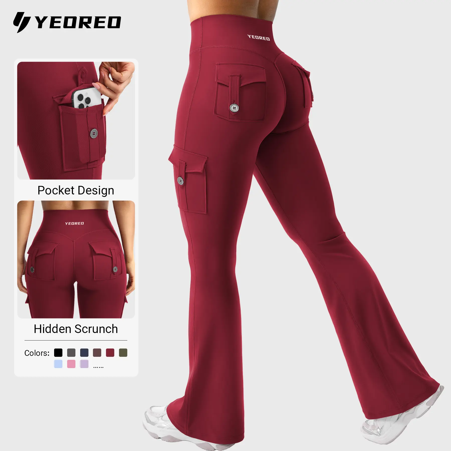 YEOREO CoreFlex Women's Leggings - High Waisted, Hidden Scrunch, Flare Leg, Cargo Pockets, No Front Seam, Buttery Soft, UV-Protective, 28"/30"/32"/34" Inseam for Yoga, Gym, Leggings Women