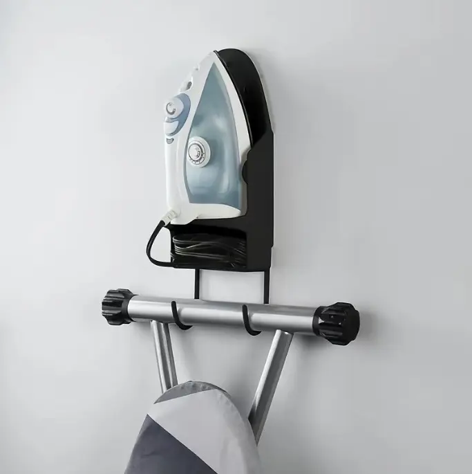 Wall-Mounted Plastic Iron Holder - Heat-Resistant, Compact Laundry Room Storage Rack with Sturdy Steel Hooks & Cord Organizer for Holding Irons at Home