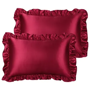 PiccoCasa Ruffled Pillow Shams Set of 2, Retro Silky Pillow Cover with Ruffle, 85 GSM Satin PillowCases with Envelope Closure Queen Burgundy