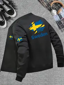 Swedish National City Element Print Men's Sport Baseball Jacket, Casual Stand Collar Zipper Running Jacket, Winter Fitted Outerwear