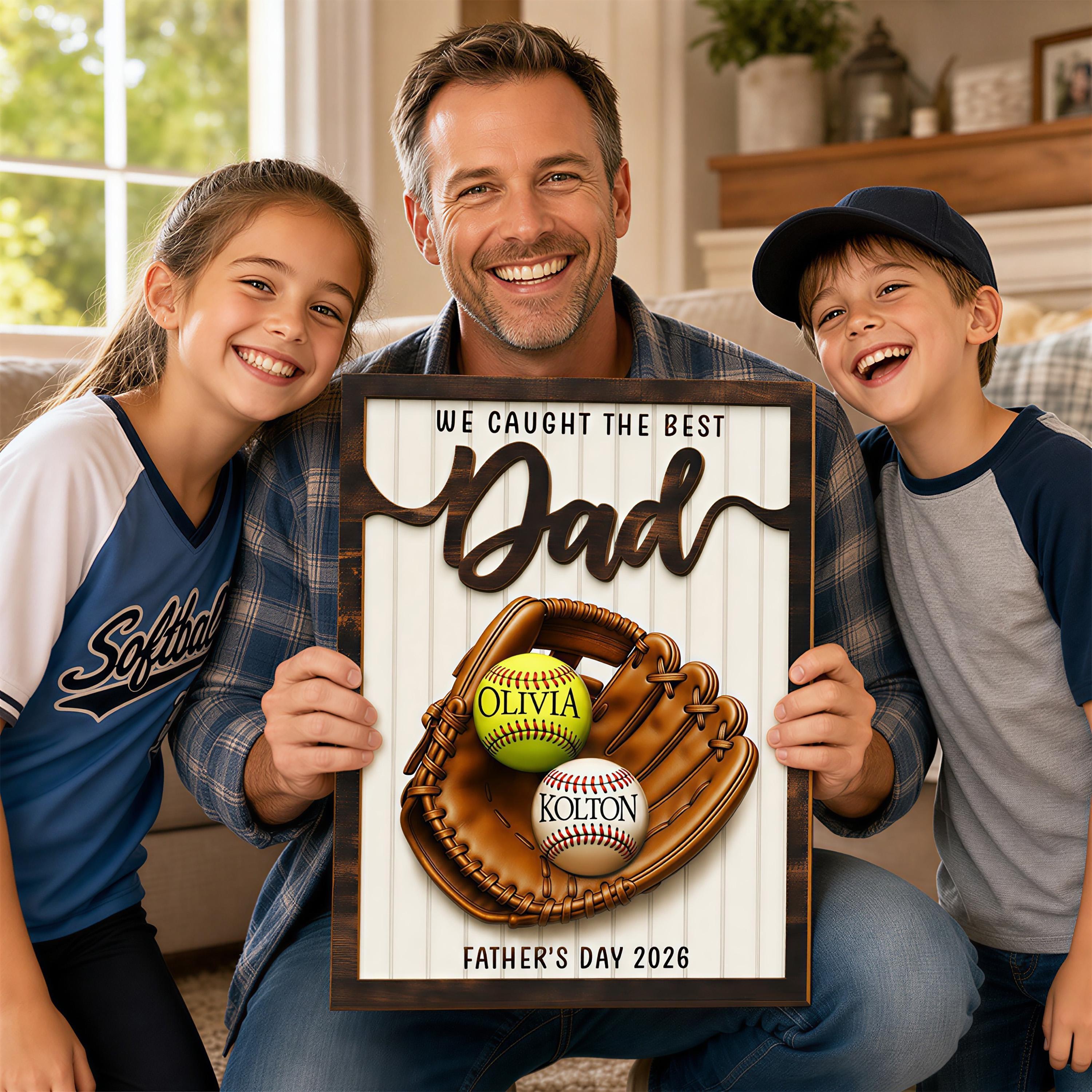 Father’s Day Baseball Plaque, Custom Wooden Frame Sign, Personalized Kids Names Baseball Decor, Gift For Dad From Children, Rustic Father’s Day Keepsake, Custom Family Home Decoration