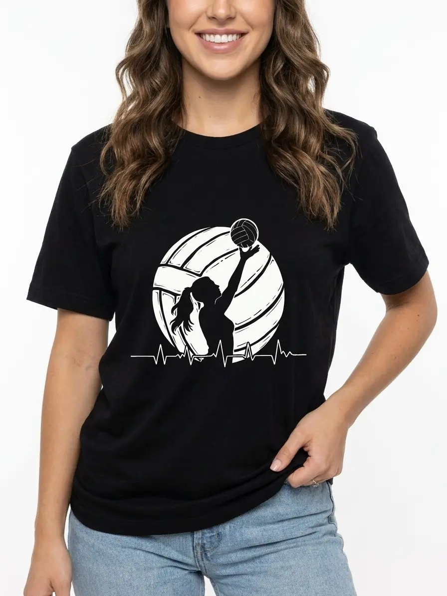 Volleyball Graphic Tee Premium Cotton Black S-3XL Sport-performance Ladies Athletic-wear Heartbeat-design Passionate-vibe Game-day-ready