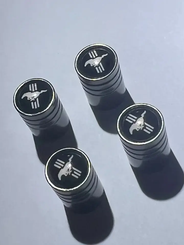 4 FORD MUSTANG Tire Valve Cap Air Valve Stem Cover (Metallic Black) Digital Tire