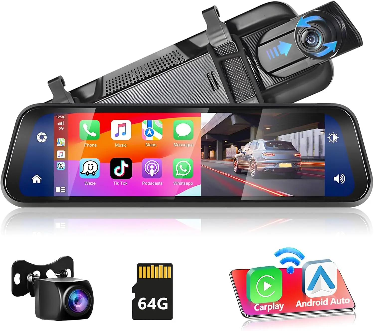 9.66in IPS Touchscreen Wireless Carplay Android Auto Dual Dash Cam (Front & Rear View) with 64G Card, Loop Recording, Voice Control, FM/AUX, 24H Parking Monitor, Vehicle Car Electronics Accessory
