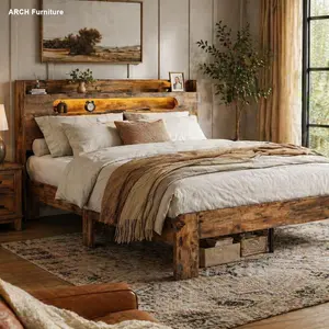 Rustic Brown Farmhouse Wooden Queen Platform Bed Frame with Headboard, Bedroom Furniture - USB Ports, Storage Headboard, LED Lights, Space-Saving No Box Spring Needed Construction