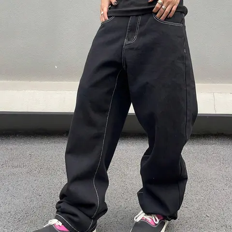 Men's Solid Color Wide Leg Multi Pocket Streetwear Jeans, Loose Casual Comfy for Daily Wear, Woven Bottoms for All Seasons, Loose Casual Menswear