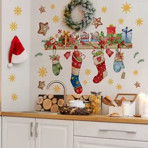 Christmas Gift Box Shelf with Socks Wall Stickers, Festive Decoration for Living Room Bedroom Background Walls, Holiday Home Decor