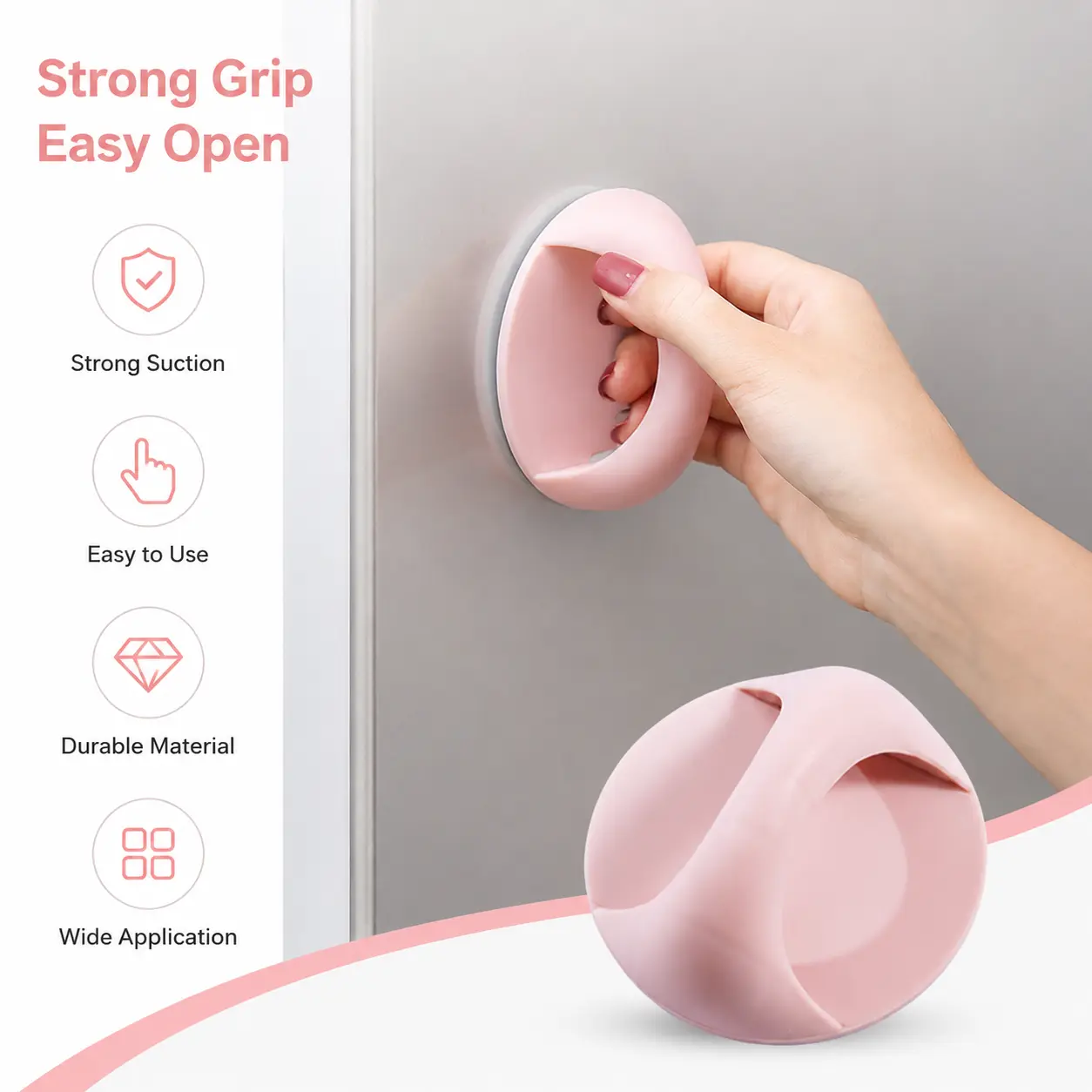 1 Count, Pink Adhesive Grip Handle, Secure Hold, No Tools Needed, Easy Grip Design, for Fridge, Cabinet, Sliding Door and Flat Smooth Surfaces