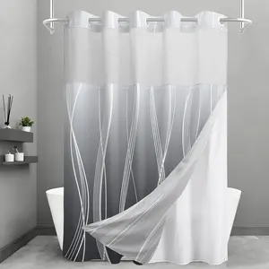 No Hook Shower and Liner Set, Ombre Grey Striped Shower Curtains with Snap in Liner, Hotel Ringless Waterproof Washable with See Through Top Window, 71" x 74"
