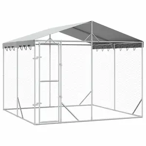 vidaXL Outdoor Dog Kennel with Roof Silver 9.8‘x9.8‘x8.2‘ Galvanized Steel, dog kennel, dog cage, chicken run, doghouse, chicken coop, pet cage 3190486