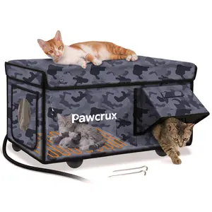Pawcrux Outdoor Heated Cat House with High-Quality Heating Pad Waterproof Indestructible High Load-Bearing in Black Camouflage&Army Green One-Way Escape Door with Ground Nails Ideal for Barn Cats Courtyard Cats and Outdoor Cats