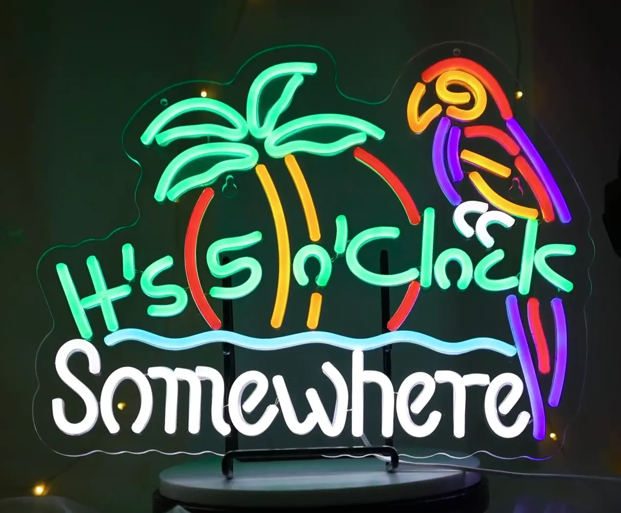 "5 O'clock Somewhere Silicon LED Neon Sign - Home Improvement Decorative Lights, Wall Mount LED Decorative Accessories with Sun, Parrot, Palm Tree Designs for Bars"