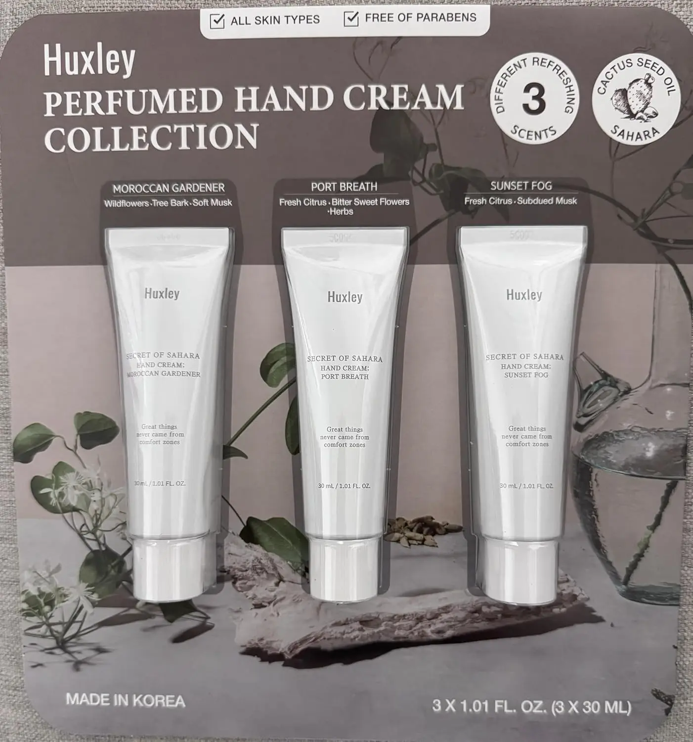 Huxley Perfumed Hand Cream Collection,  Moroccan Gardener Port Breath Sunset Fog